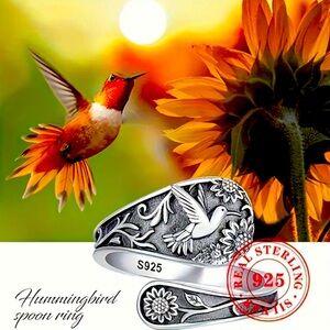 Hummingbird 925 sterling silver adjustable spoon ring NWT
